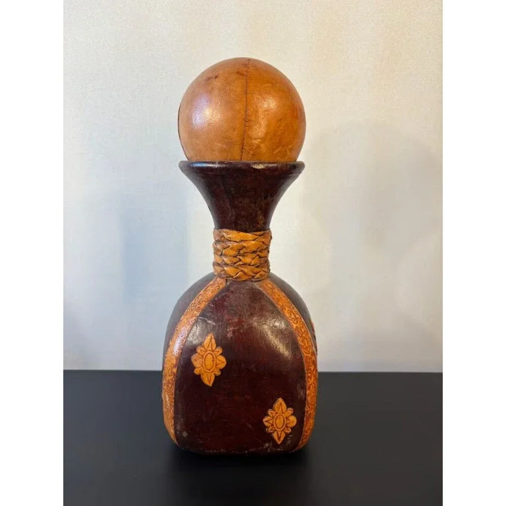 Italian Leather Decanter Dark Brown Fleur de Lis Applied Motifs Ball Stopper